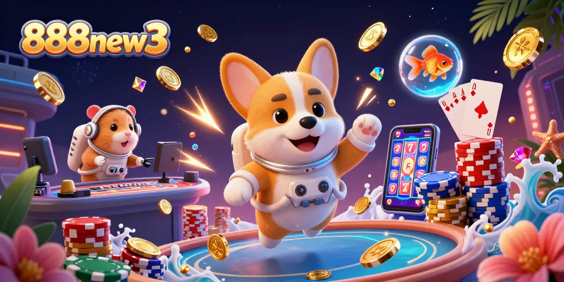 Experience excitement at 888new3 with a colorful astronaut corgi and casino elements