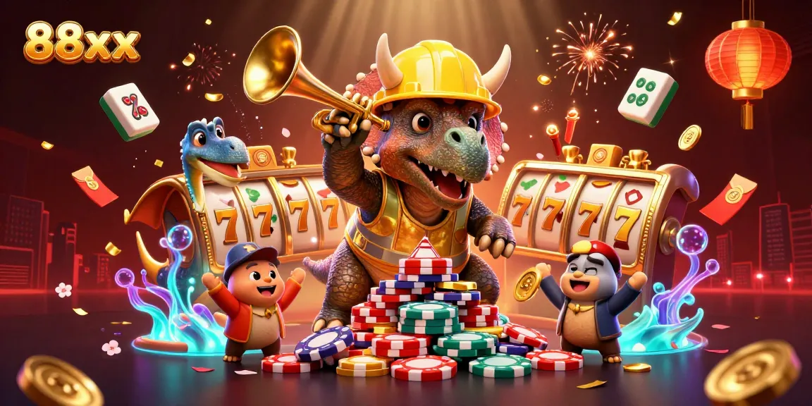 Experience thrilling gambling action at 88xx with a vibrant 3D casino scene featuring slot reels and festive decorations.