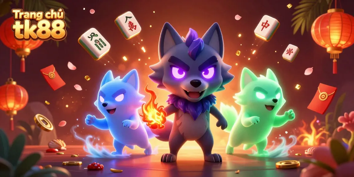 Experience the excitement of Trang chủ tk88 with a vibrant casino-themed illustration featuring glowing wolves, coins, and festive elements.