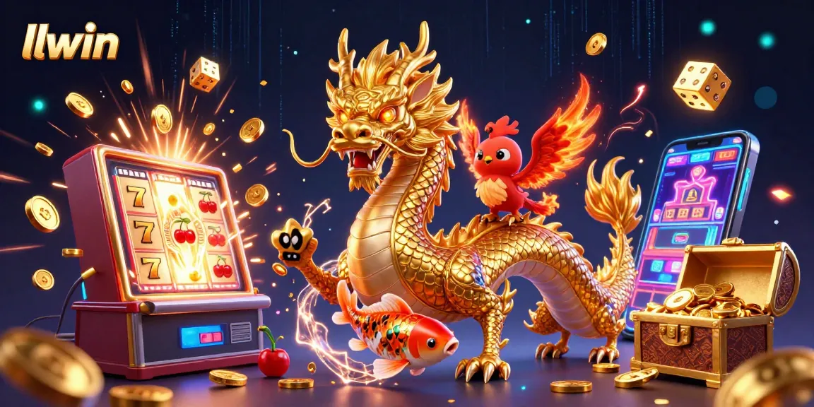 Experience thrilling slots action at llwin with a majestic dragon and lucky fish amidst a golden jackpot.