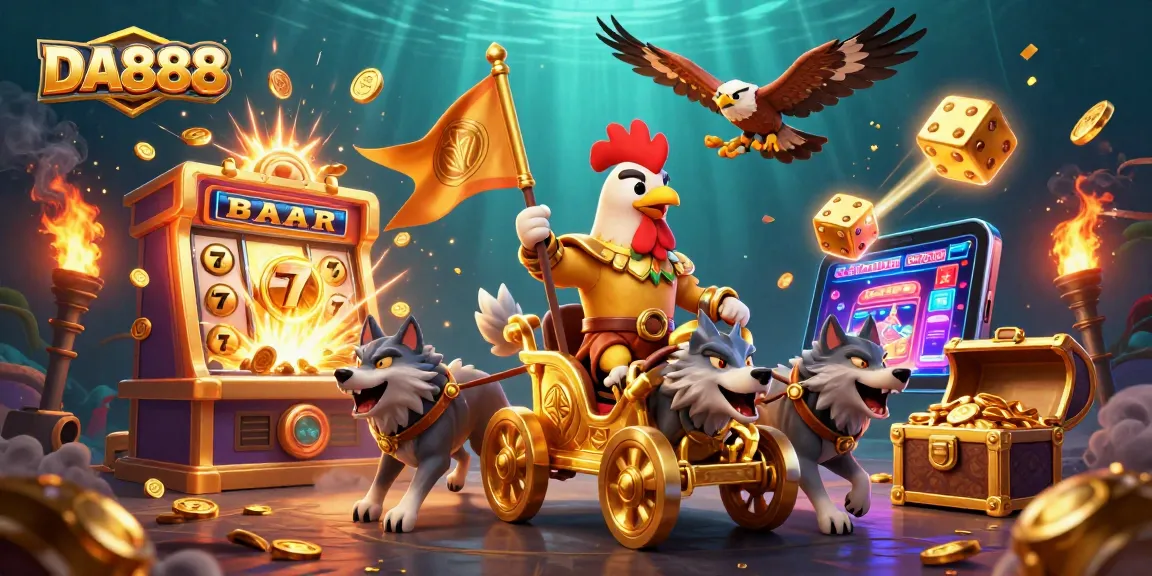 Spin the reels with DA888, featuring a dynamic casino scene with a golden war chariot.