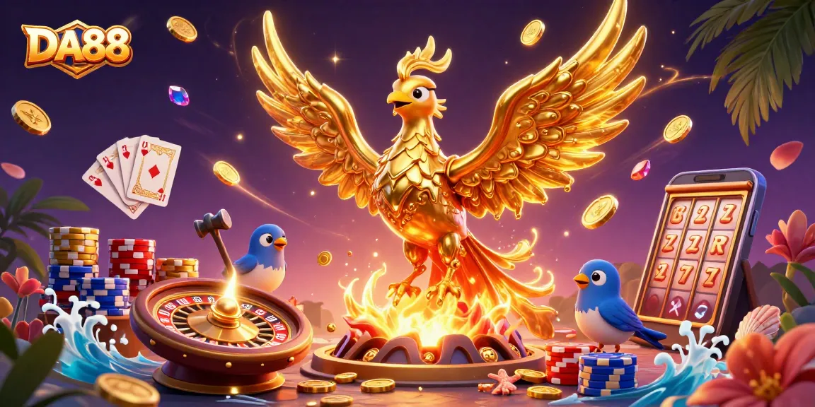 Experience thrilling wins with DA88, featuring golden phoenixes and vibrant casino elements in an immersive scene.