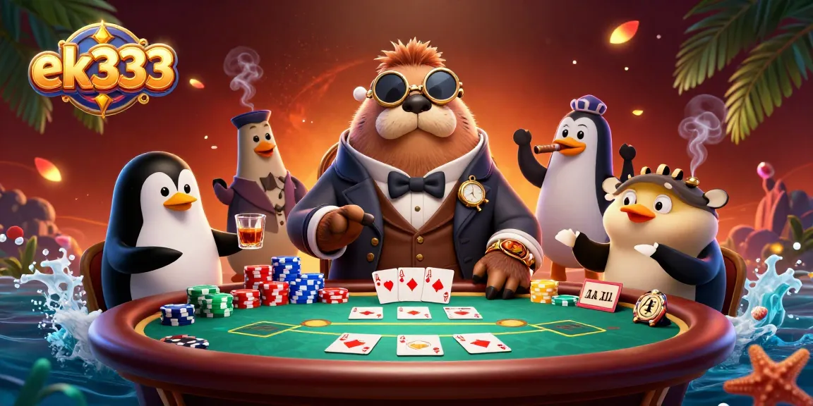 Engage with exciting gameplay at ek333's underwater poker scene featuring a jolly walrus and dealer.