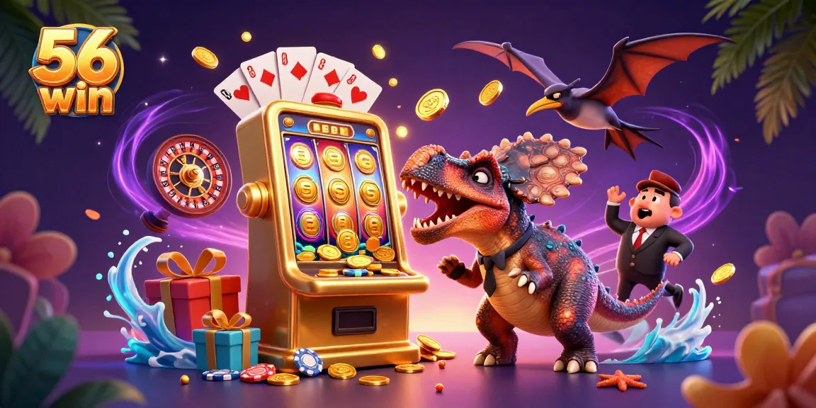 Experience the thrill of 56 win with a dynamic cartoon scene featuring a jackpot slot machine and vibrant casino elements.