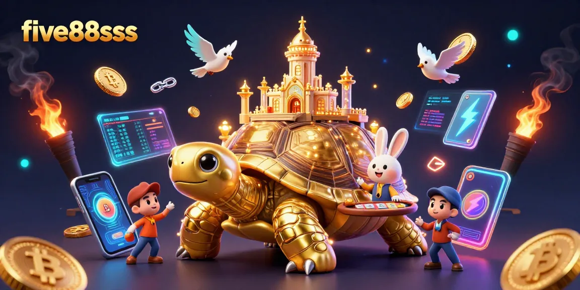 Experience thrilling gaming action at five88sss with a lively scene of a tortoise casino, rabbit dealer, and flying coins.