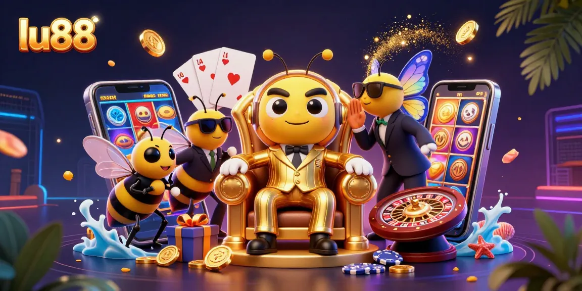 Experience exciting gaming action with lu88's vibrant 3D casino illustration featuring a cartoon mob boss and game elements.