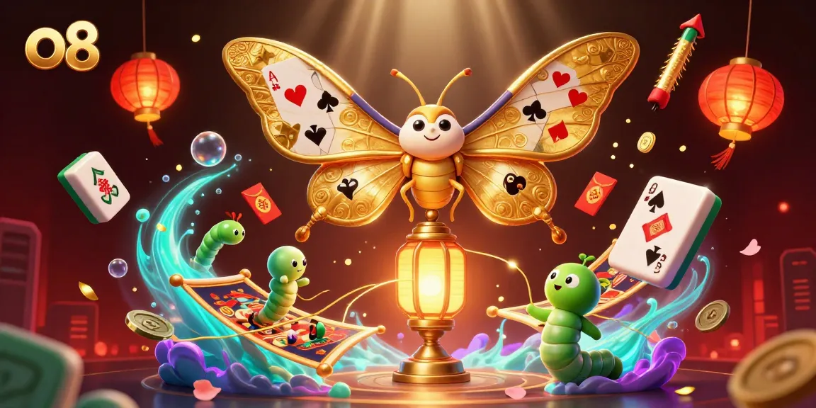 Experience winning thrills with O8, featuring a golden atlas moth amidst vibrant casino elements.