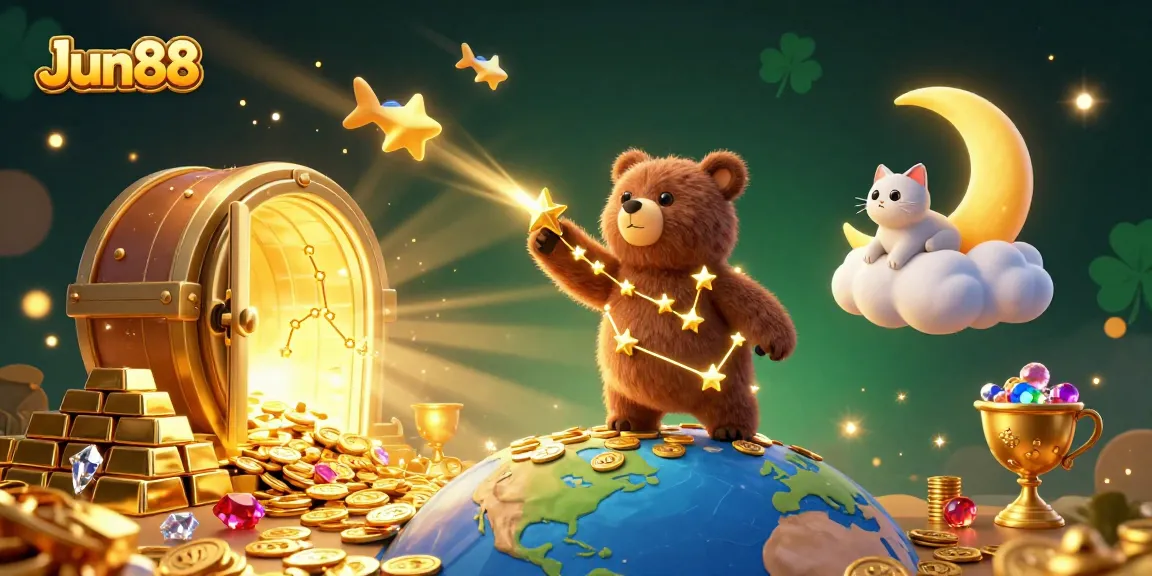 Experience Jun88's immersive casino adventure with enchanting stars, treasures, and vibrant gameplay elements.