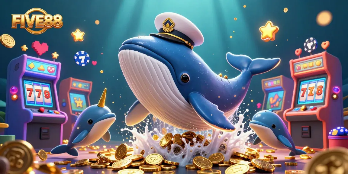 Experience the excitement at FIVE88 with playful dolphins, a magnificent whale, and vibrant casino elements.