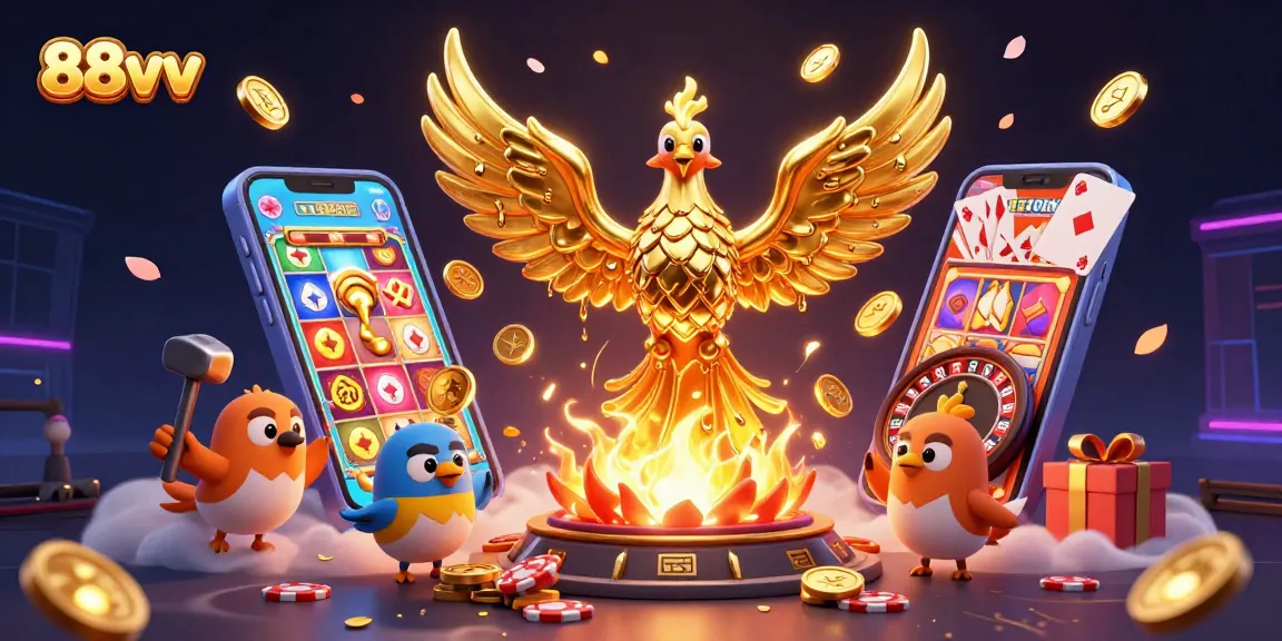Play thrilling slots and win gold coins with 88vv's colorful casino games illustration.