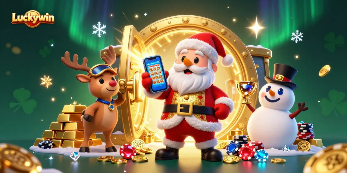 Luckywin showcases a festive casino scene with Santa, his reindeer, and a snowman winning jackpot slots.