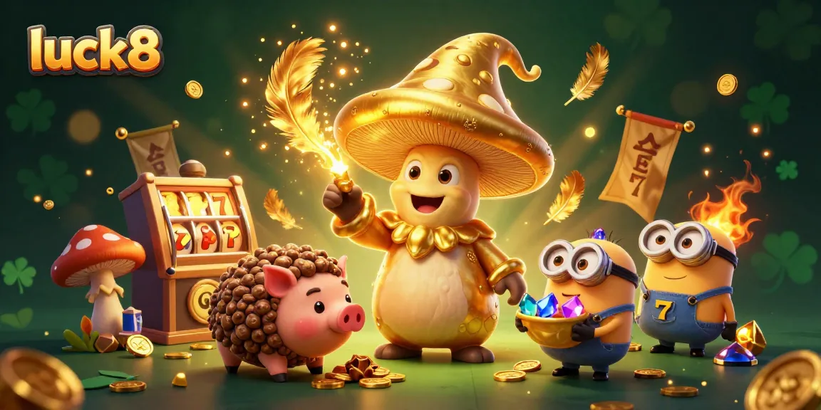 Experience the thrill of luck8 with a golden wizard and treasures in this vibrant illustration.