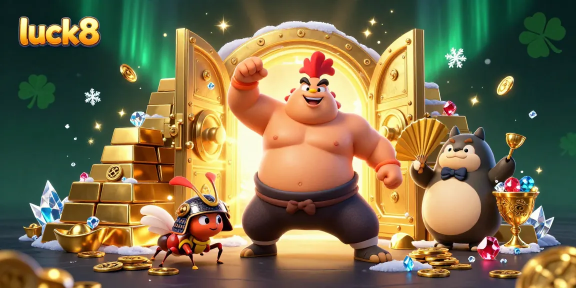 Win at luck8 with a vibrant casino scene featuring a powerful sumo wrestler rooster, samurai cricket, and treasure-filled vault.