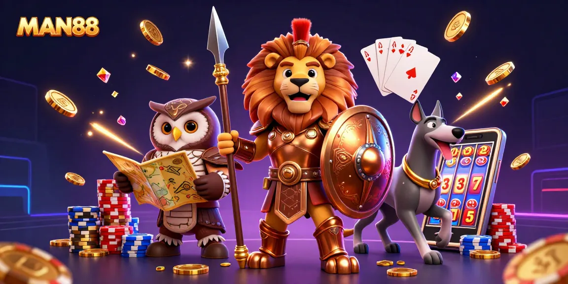 Experience thrilling gameplay with MAN88 featuring a Spartan lion, strategic owl, and swift greyhound in a vibrant casino setting.