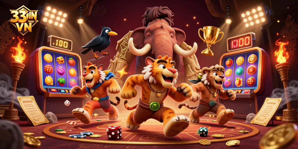 Engage with 33WIN VN as a lively prehistoric casino featuring characters and dynamic gaming elements.