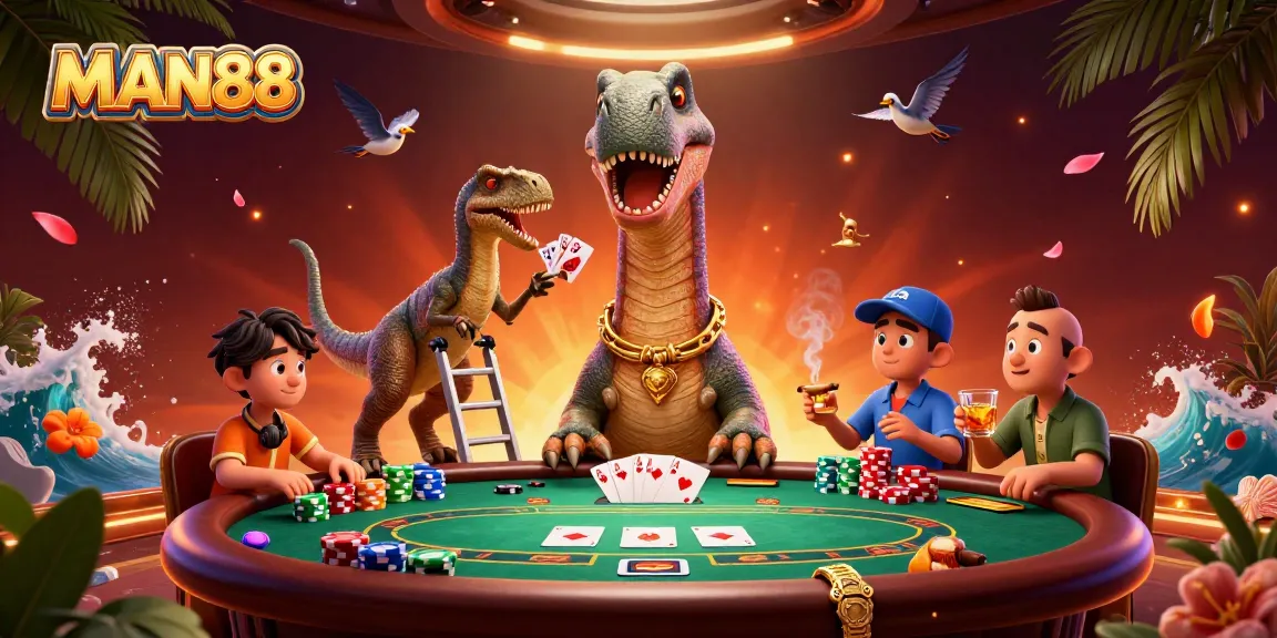 Engage in thrilling poker with MAN88 at a vibrant casino featuring whimsical dinosaur characters.