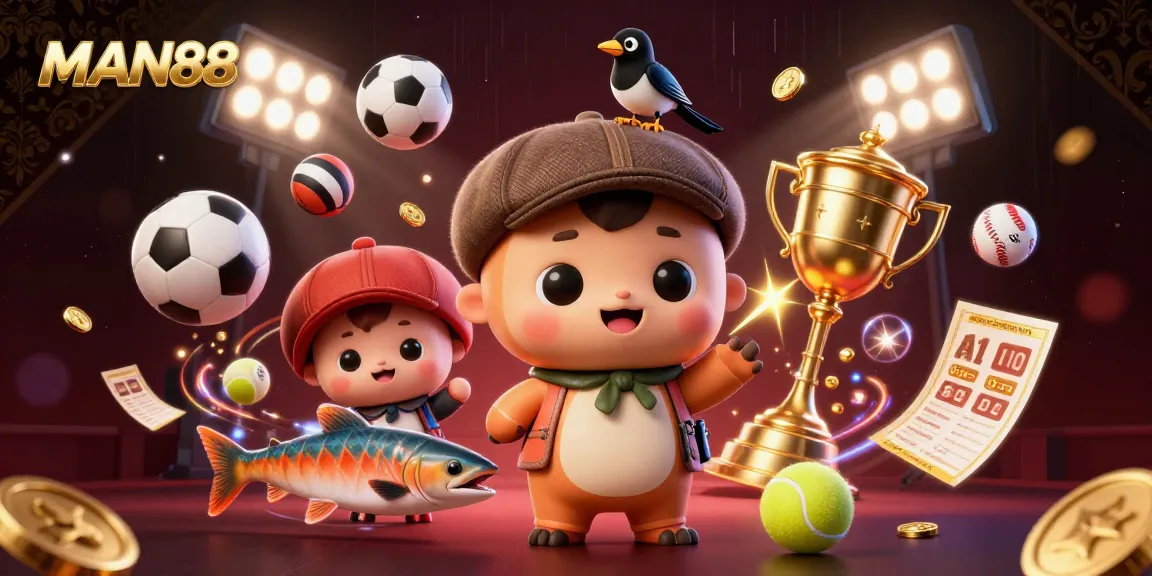 Join the excitement at MAN88 with playful characters and dynamic betting elements in this captivating illustration.