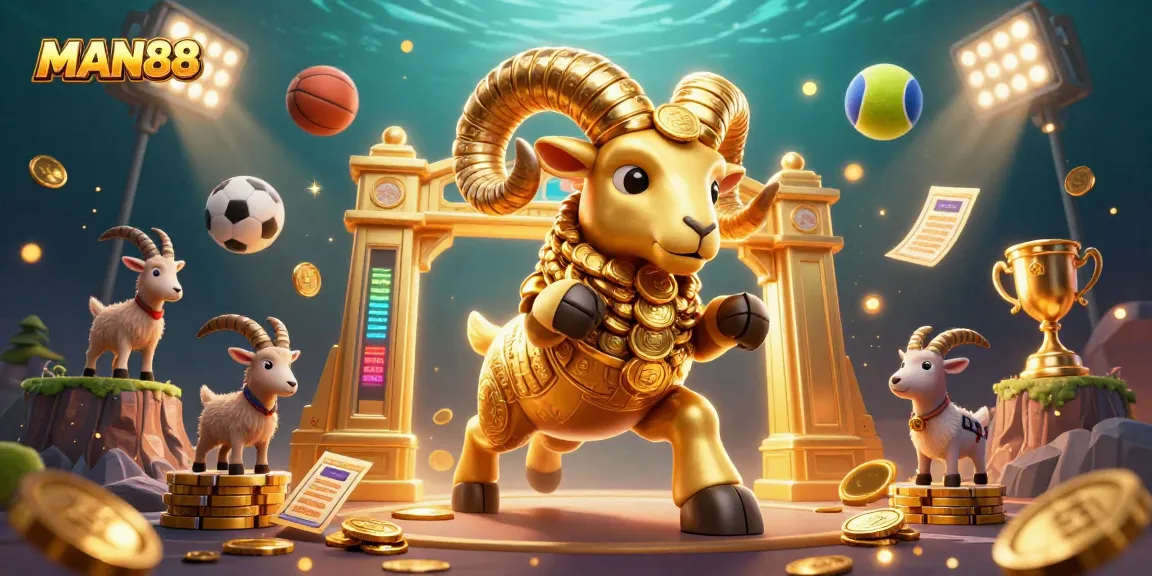 Experience MAN88's exciting casino adventures with a golden ram charging through a vibrant sports scene.
