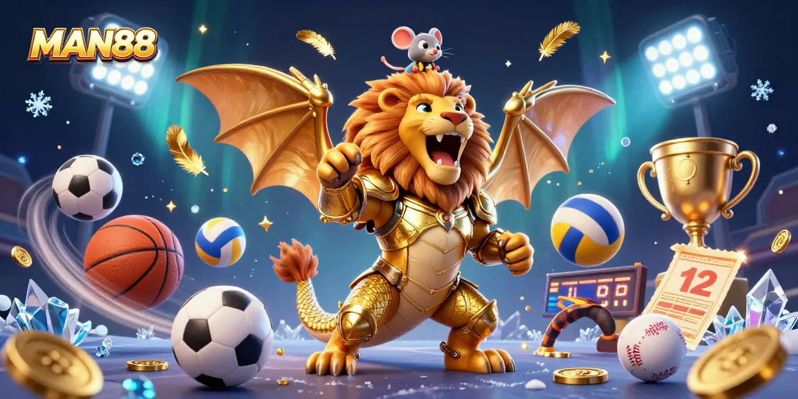 Join the excitement at MAN88 as players bet on sports and win trophies in a vibrant casino illustration.