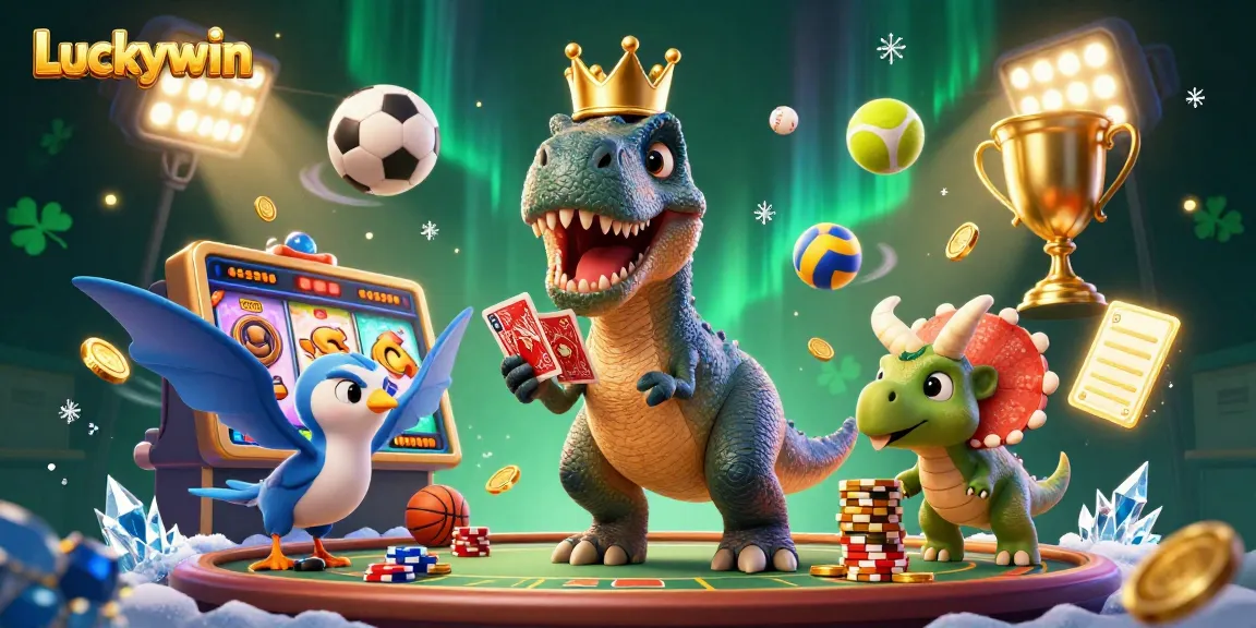 Exciting Luckywin scene with a T-Rex, pterodactyl, and triceratops amidst dazzling casino elements.