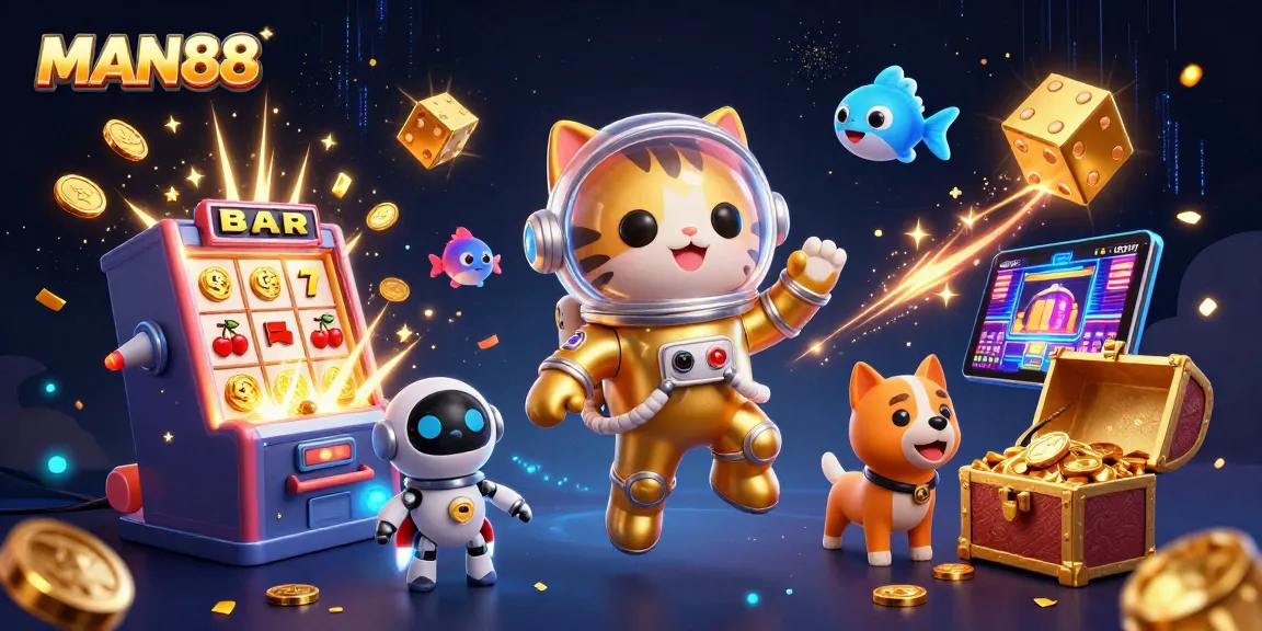 Experience thrilling gaming action with MAN88 and high-energy casino elements in a vibrant cosmic setting.