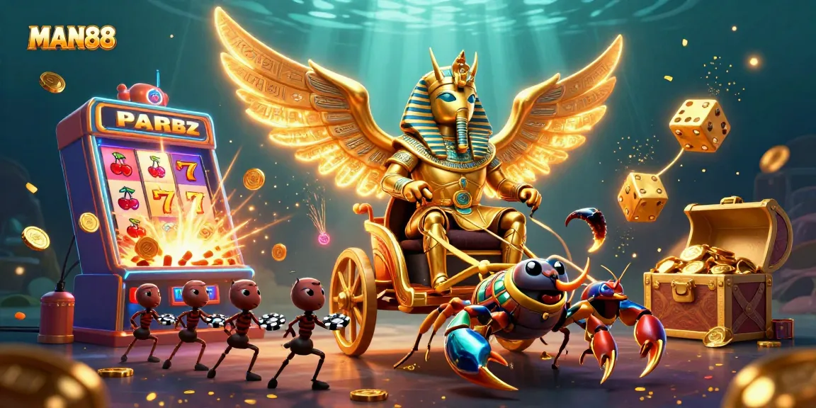 Engage with the vibrant world of MAN88, featuring a golden scarab and dynamic slot machine action.